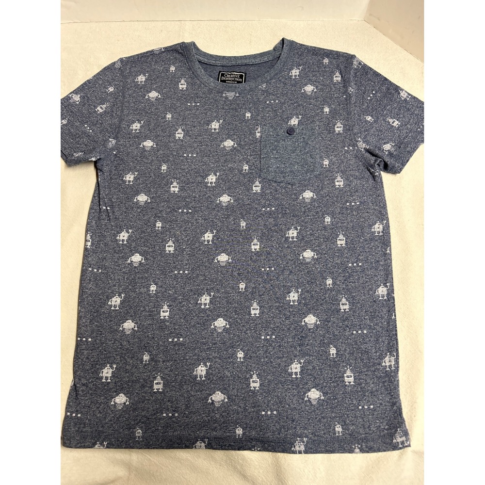 Creative Destruction Graphic Tee Robot Print Blue Short Sleeve Pocket Boys M